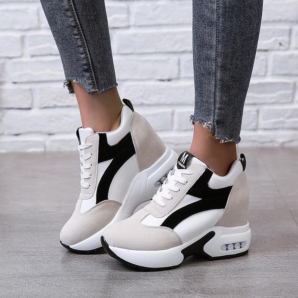 

dress shoes 9cm/3.5" height women chunky sneakers fashion platform thick bottom ladies brand wedges casual woman, Black