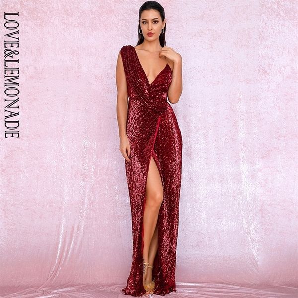 

love&lemonade deep red deep v-neck whit split sequins party maxi dress lm81849 210309, Black;gray
