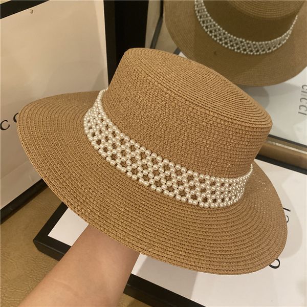

grade women's grass small fragrance pearl flat beach hat sunscreen sun hat, Yellow