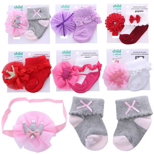 

baby socks newborn ankle booties girls cotton accessories bow cute princess lace hairband sock flower 2pcs/set b7590, Pink;yellow