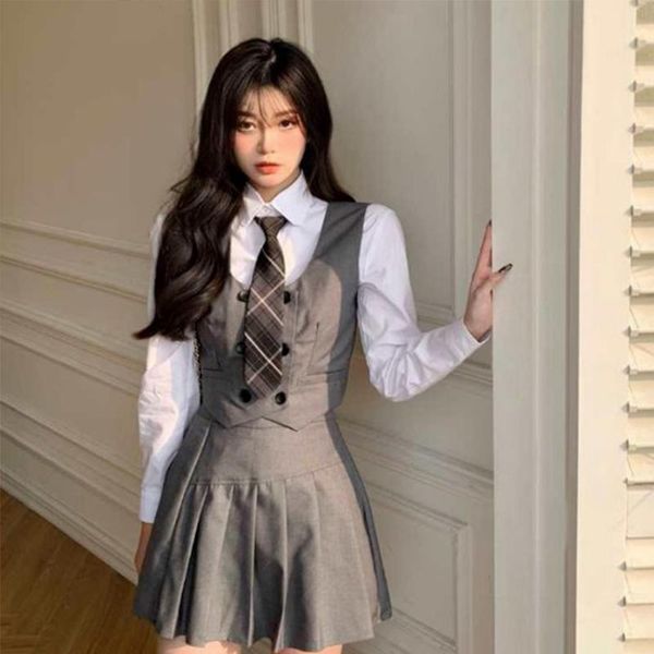 

clothing sets college style japanese fashion jk suit school uniform girl outfit casual vest jacket tie pleated skirt shirt slim women 4pcs, White