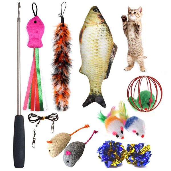 

cat toys 11pcs/set teaser catcher retractable fishing pole wand rod feather toy, great for kitten dog exercising