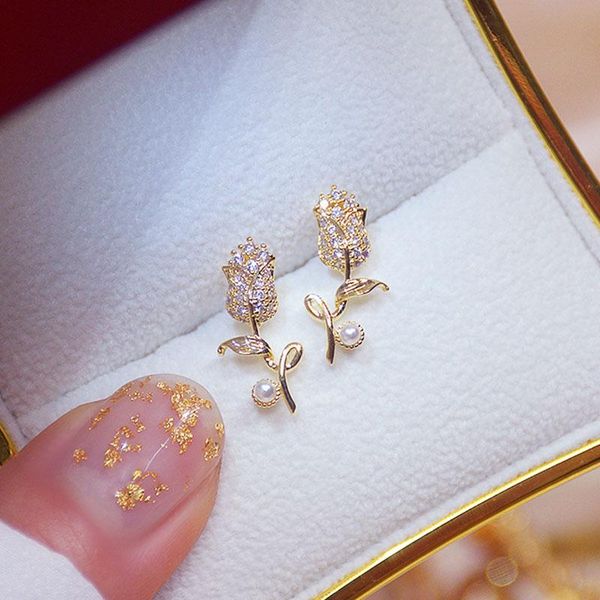 

stud trendy exquisite noble rose flower earrings for women designer creativity luxury jewelry zircon s925 needle, Golden;silver