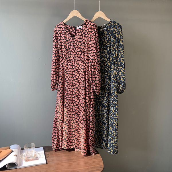 

2021 new flower print v-neck long sleeve boho loose style women vintage midi length elegant vestidos 6a1y, Black;gray