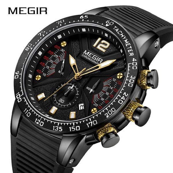 

wristwatches megir watch men brand silicone strap sports chronograph quartz clock mens watches water ressistance military male wristwatch, Slivery;brown