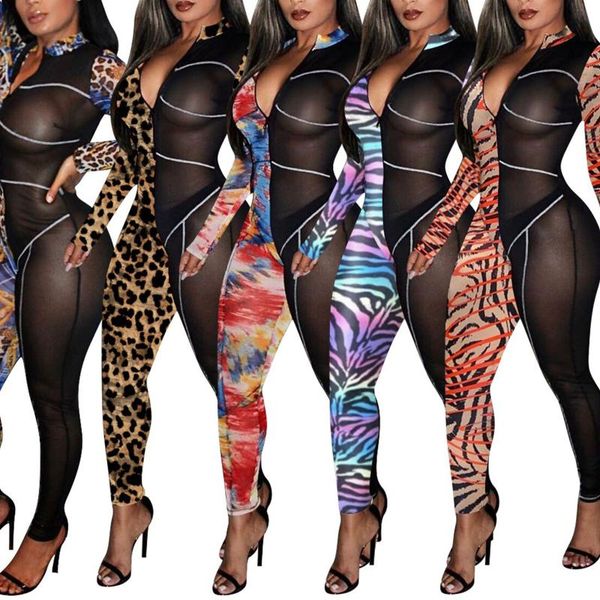 

women's jumpsuits & rompers fashion clothing set print mesh long sleeve stitching jumpsuit one-piece suit for vacation leopard patchwor, Black;white