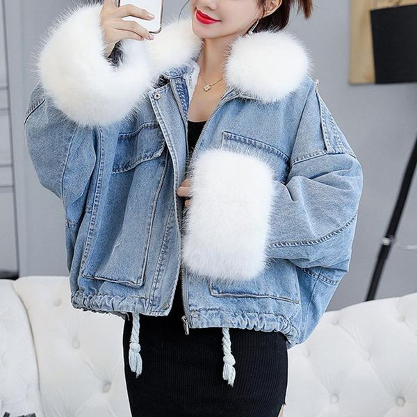 

women's jackets 2021 winter thick warm denim jacket women fur collar plus velvet padded ladies vintage loose oversized jean coat outwea, Black;brown