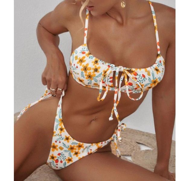 

women's swimwear summer bikini printed floral swimsuit split, White;black