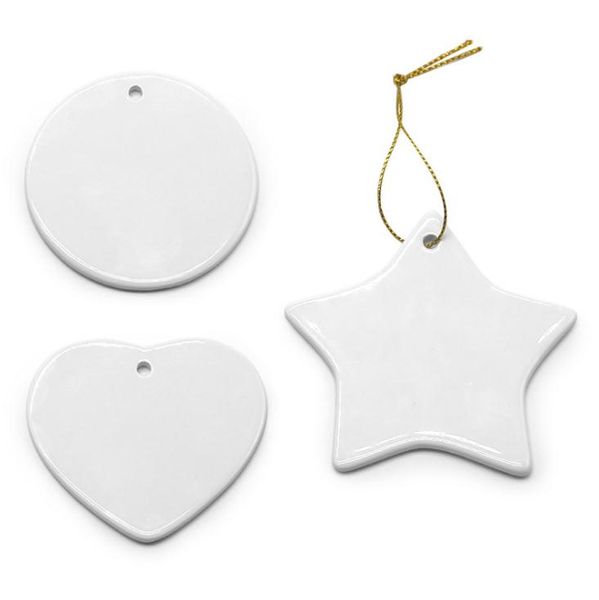 

blank white sublimation ceramic pendant christmas ornaments heat transfer printing diy ceramic ornament heart round christmas de