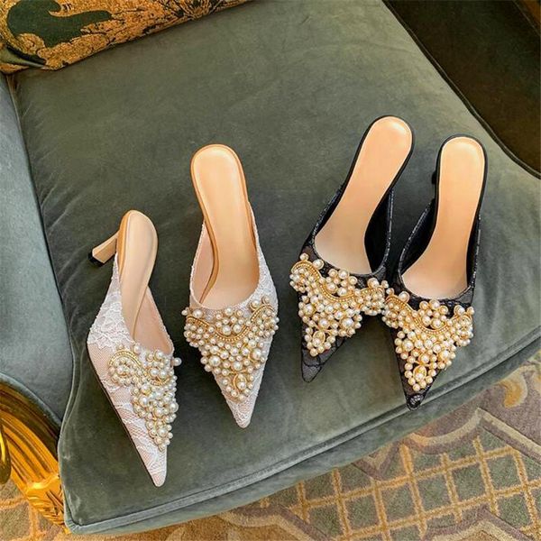 

summer ladies high-heeled slippers pearl lace pointed stiletto slippers fashion party high-heeled, Black