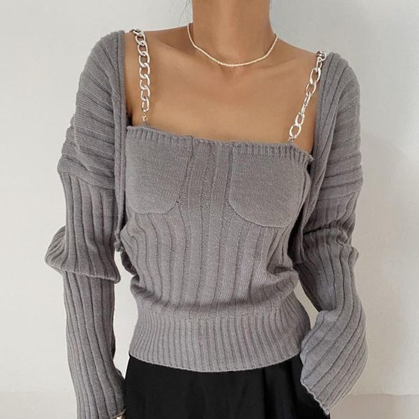 

women's knits & tees korean chic elegant design metal chain knitted vest streetwear sweaters + solid loose long sleeve shawl cardigans, White