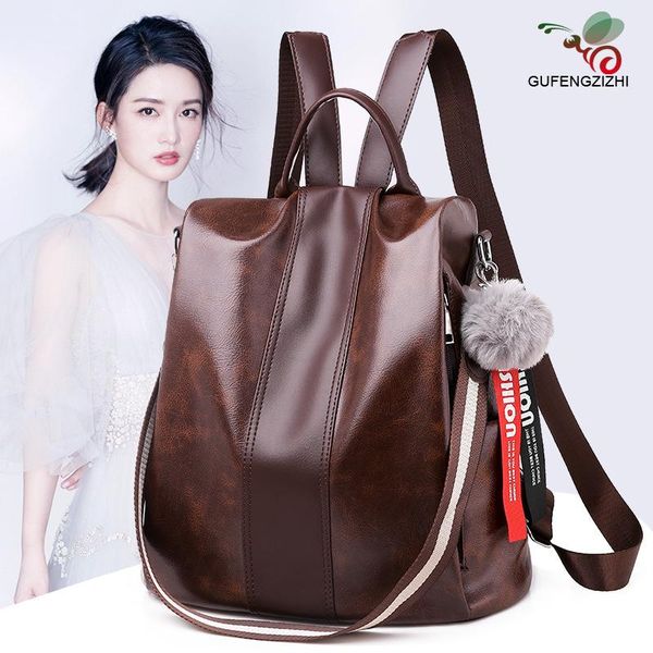 

backpack women's fashion solid color simple furry ball large capacity all-match pu bag