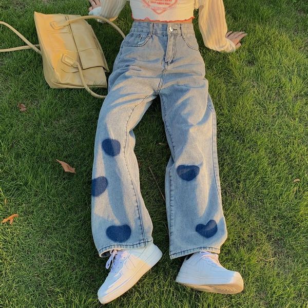 

women's jeans vintage heart women high waist denim pants wide leg clothing blue quality fashion straight