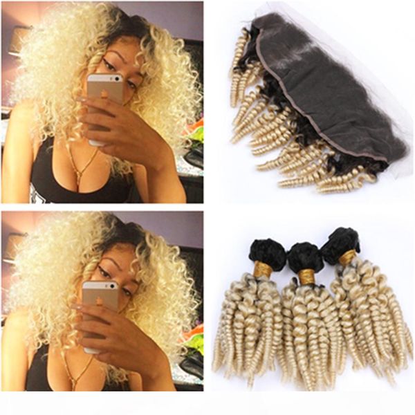

brazilian human hair blonde ombre funmi curly bundles 3pcs with frontal aunty funmi #1b 613 ombre 13x4 lace frontal closure with weaves, Black;brown