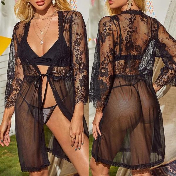 

fashion lace lingerie underwear sleepwear g-string thong rob brief with belt hollow see through robes kimono bathrobe nightwear, Black;red