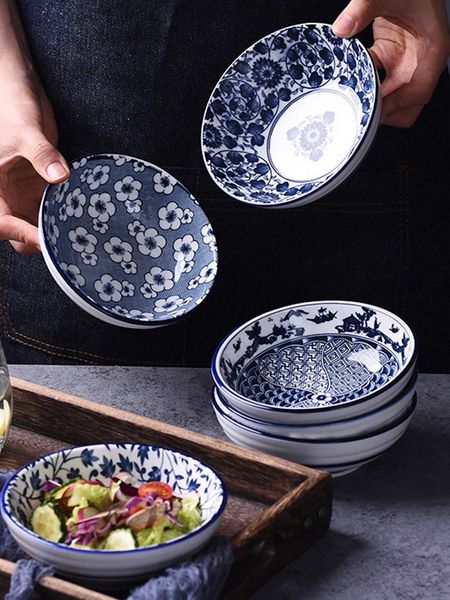

bowls year salad rice ceramic japanese classical blue and white kitchen tableware household restaurant soup noodle