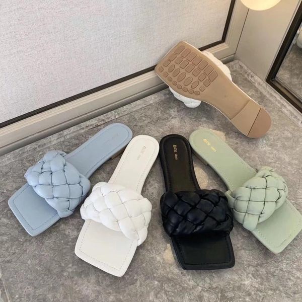 

slippers fashion weave women square toe flat casual shoes slide 2021 summer flip flops beach sandal slipper big size41, Black