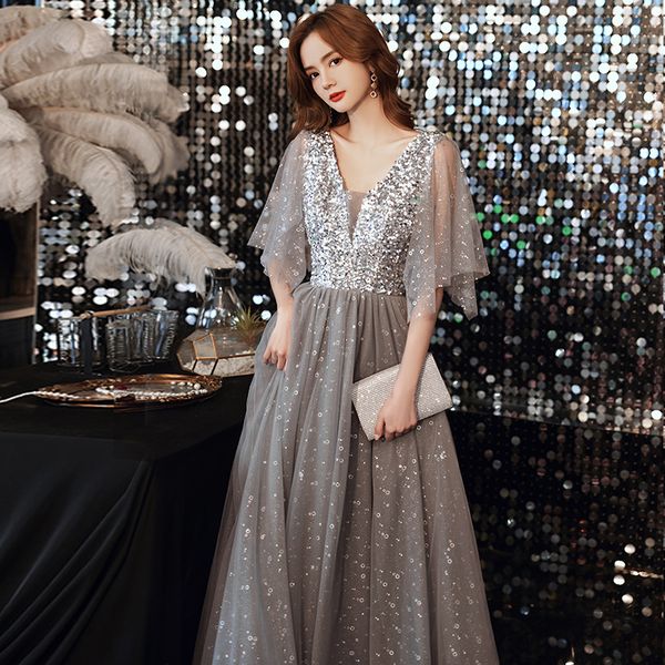 

elegant sequins v neck tulle short sleeve evening dress backless a line prom party gown host performance dress, Black;red