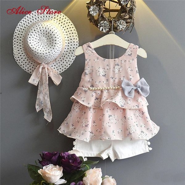 

kids clothes summer fashion bow pearl chiffon girls clothing sets children's sleeve floewer vest and shorts 2 pcs send hat 210225, White