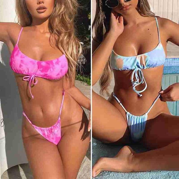 

ladies split bikini tie-dye style printed flat chest drawstring ladies swimsuit