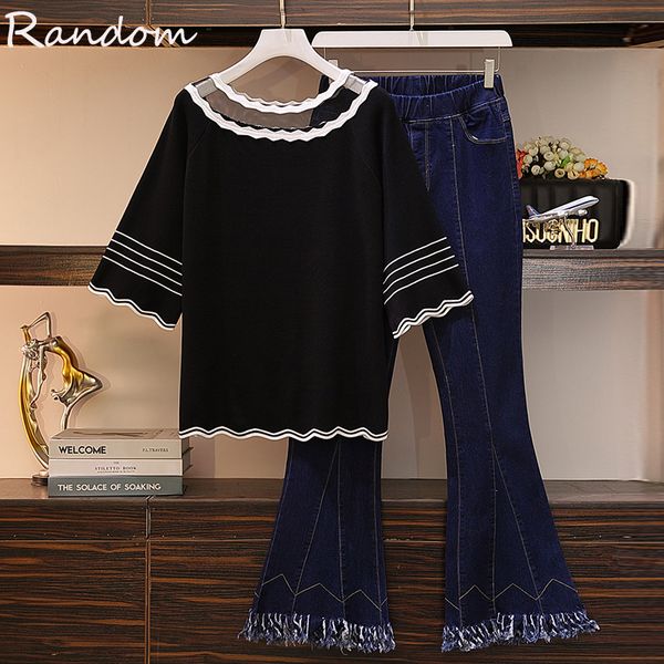 

female plus winter elegant jean suit knitted upper sweater and burnt demin pants two ensemble combining clothes d5i3, White