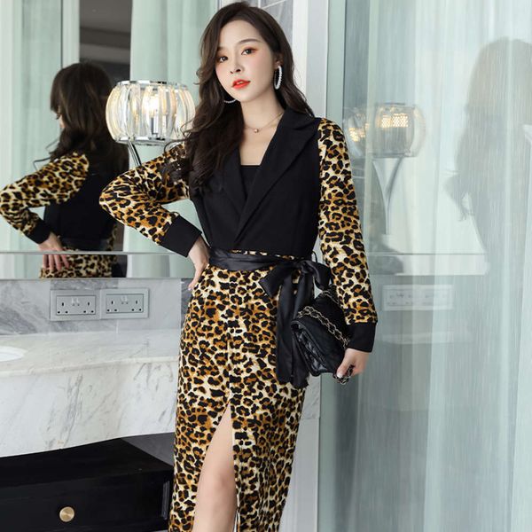 

2021xiangao xianlong windbreaker 2021 spring commuting suit collar leopard print cardigan coat slim fit fashion large size, Tan;black