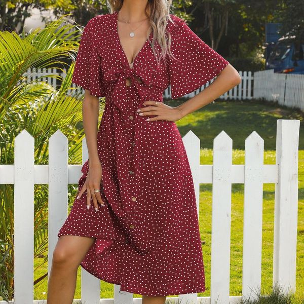 

casual dresses bow dress women fashion dot print long sleeve v-neck sundress summer for zomer jurkjes dames 2021, Black;gray
