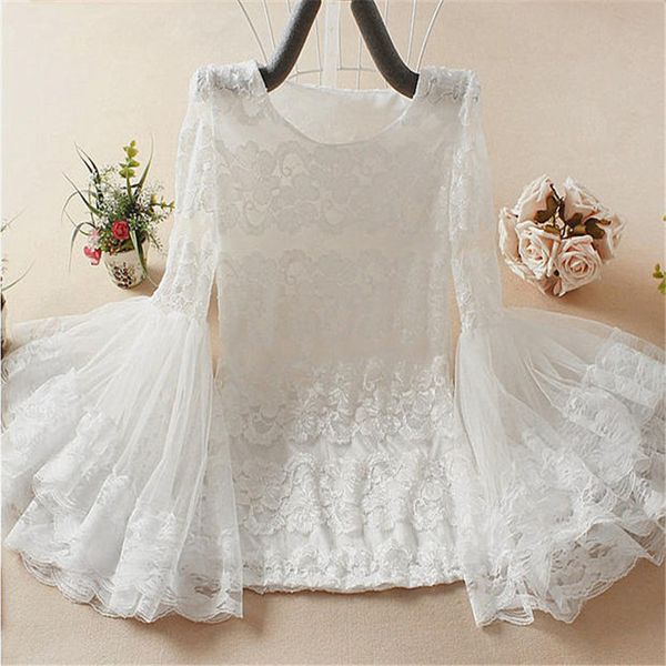 

spring autumn women bottoming shirt sweet midi-long hollow out mesh blouse ladies flare sleeve lace blouses short a852 210225, White