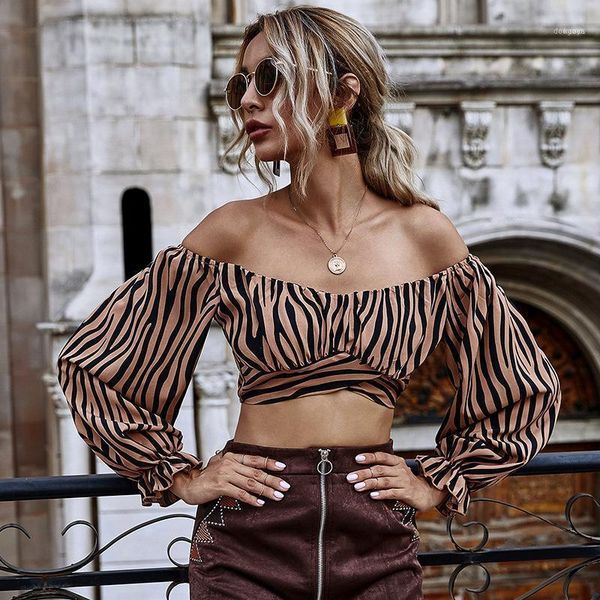 

foridol lantern sleeve zebra print crop women vintage autumn off shoulder casual streetstyle blouse 20211, White
