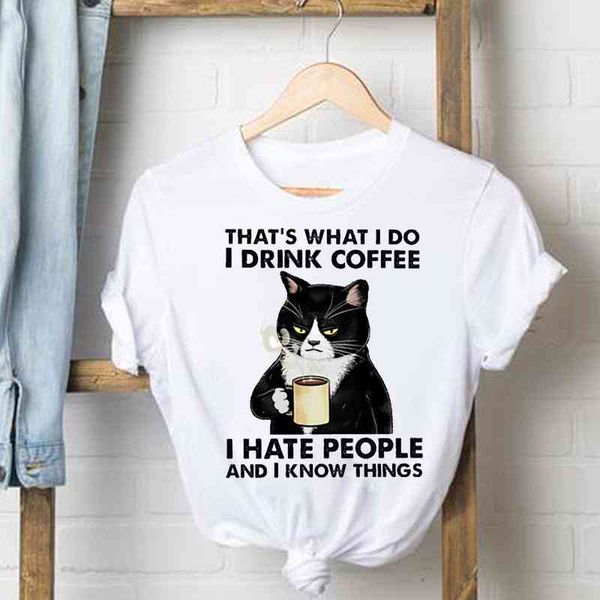 

tee shirt cat coffee funny cute lady female summer clothes t women short sleeve casual fashion tshirt graphic t-shirts, White