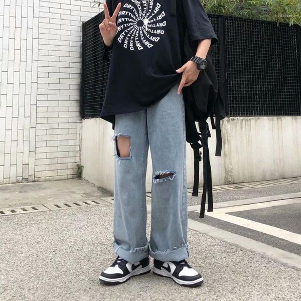 

men's jeans ripped summer loose straight wide-leg pants thin mopping the floor beggar hiphop retro trousers streetwear, Blue