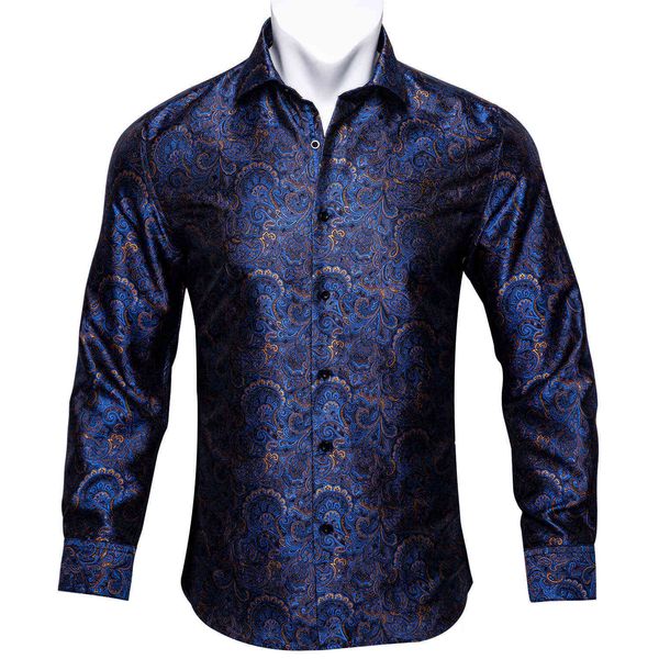 

barry.wang blue gold paisley bright silk shirts men long sleeve casual flower shirts for men designer fit dress shirts bcy-07 210708, White;black