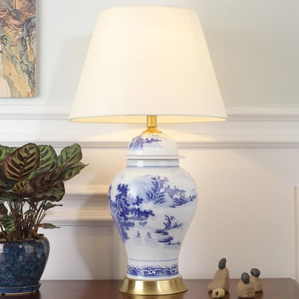 

table lamps chinese simple vase ceramic lamp classical blue and white porcelain cloth cover bedroom decoration led e27 lighting desk