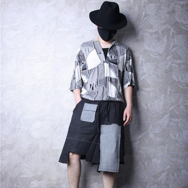

men's t-shirts fashion summer mens patchwork v neck loose fit casual tees harajuku half sleeve hole ripped tassels t-shirt, White;black