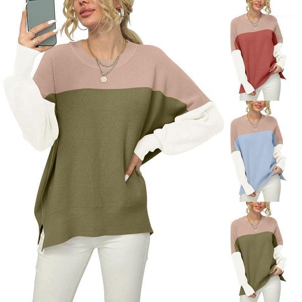 

women's sweaters fall/winter loose bat-sleeve side slits warm pullover long-sleeved hit color round neck casual top, White;black