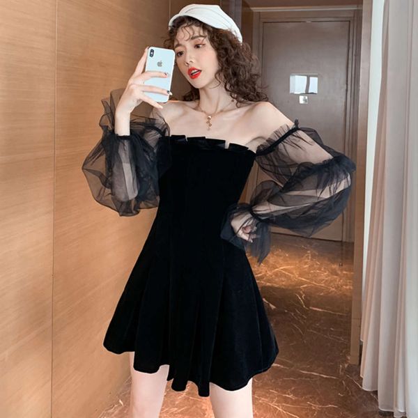 

french bubble sleeve one neck off shoulder velvet pleated dress, Black;gray