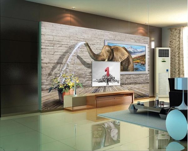 

wallpapers 3d wall murals wallpaper for living room elephant sprays water on the brick home decor po walls 3 d