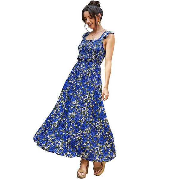 

casual dresses floral print beach dress women square collar sleeveless maxi 2021 fashion elegant empire holiday party vestidos robes, Black;gray