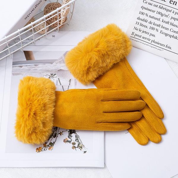 

sports gloves winter suede leather thicken cyclingwarm women's plus velvet full finger touch screen nonslip driving mittens h92, Black