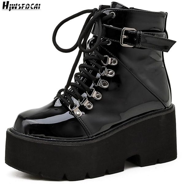 

boots hjwsfdcai winter thick-soled women lace-up short patent leather belt buckle decor round toe ladies shoe botas de mujer, Black