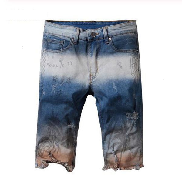 

new men's male summer knee length coconut tree printed contrast shorts fashion painted ripped denim jeans 6av4, Blue