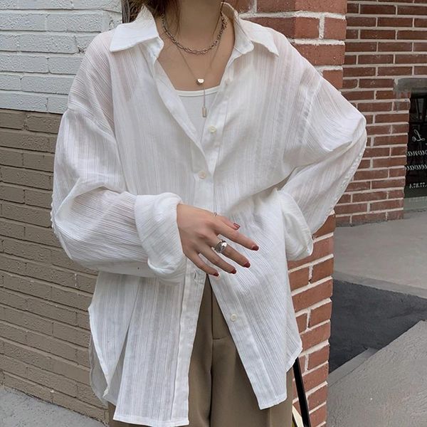 

women's blouses & shirts oversized women loose casual arrival 2021 fashion korean style turn-down collar ladies elegant long sleeve w4, White