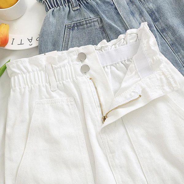 

skirts elastic waist summer women denim skirt pockets white high jeans a-line casual ruffles female mini saia mujer, Black