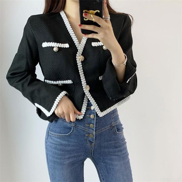 

women's black short jackets autumn new elegance slim v-neck hit color exquisite buttons females coats cropped coat 2021, Black;brown