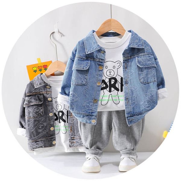 

kids clothing sets boys suits baby clothes spring autumn long sleeve denim jacket coats t-shirts trousers pants 3pcs b7789, White