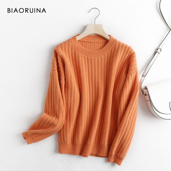 

women's sweaters biaoruina pure color 2021 autumn winter loose casual knitted pullover lazy style all-match comfortable sweater one siz, White;black
