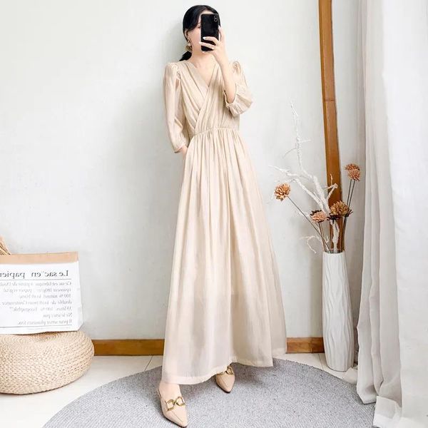 

casual dresses autumn long dress women gala elegant evening party french solid folds v-neck three quarter sleeve female, Black;gray