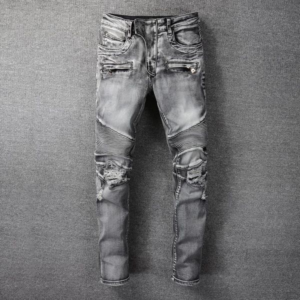 

men's jeans american street style fashion men retro gray destroyed spliced designer ripped for hip hop punk biker pants, Blue