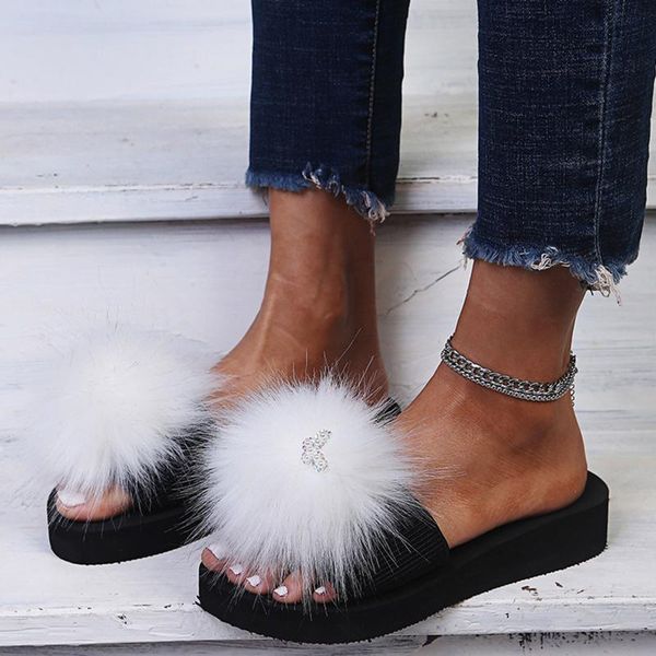 

slippers women fur fashion furry slides soft plush woman summer wedge platform sandals female flip flops, Black