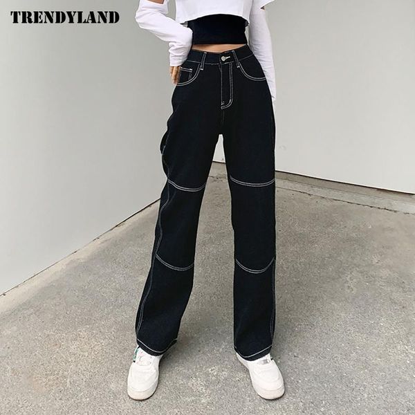 

women's jeans woman high waist pockets patchwork baggy fashion streetwear cotton denim trouser loose cargo pants korean, Blue